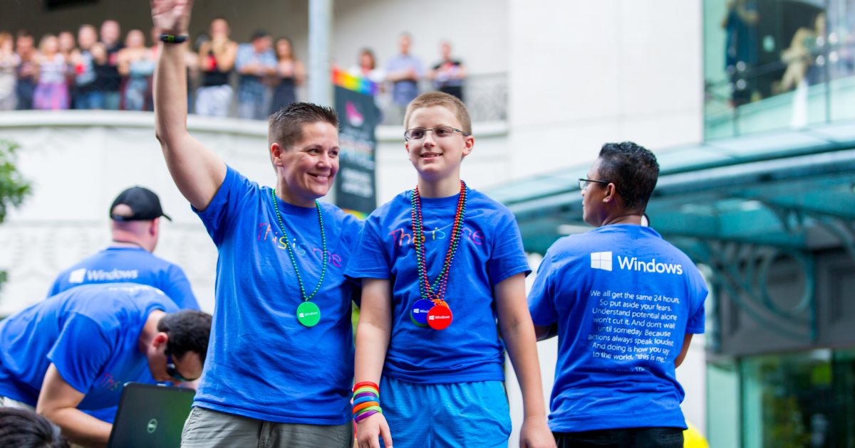 Microsoft Pride Director Erika Voss and another employee’s son, Keegan, celebrate Pride in Seattle.