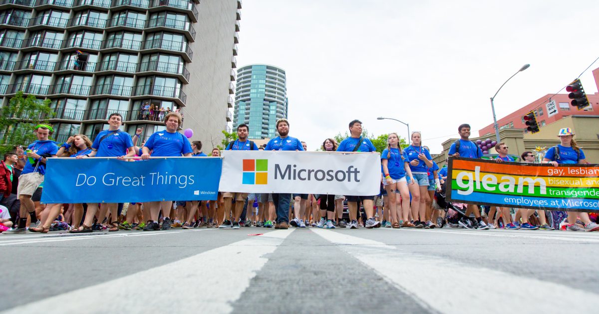 Microsoft employees, partners, family and friends march in Seattle’s Pride Parade.