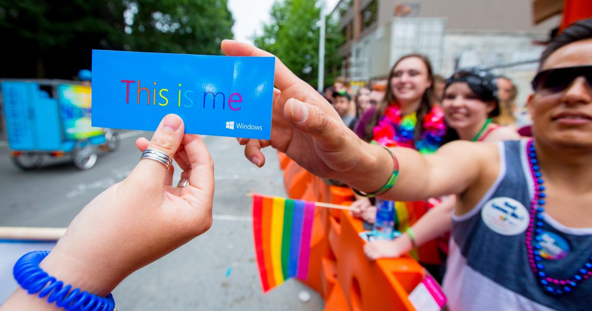 Microsoft’s theme for Pride parades this year in Seattle and around the world is “This is me. Do great things.”