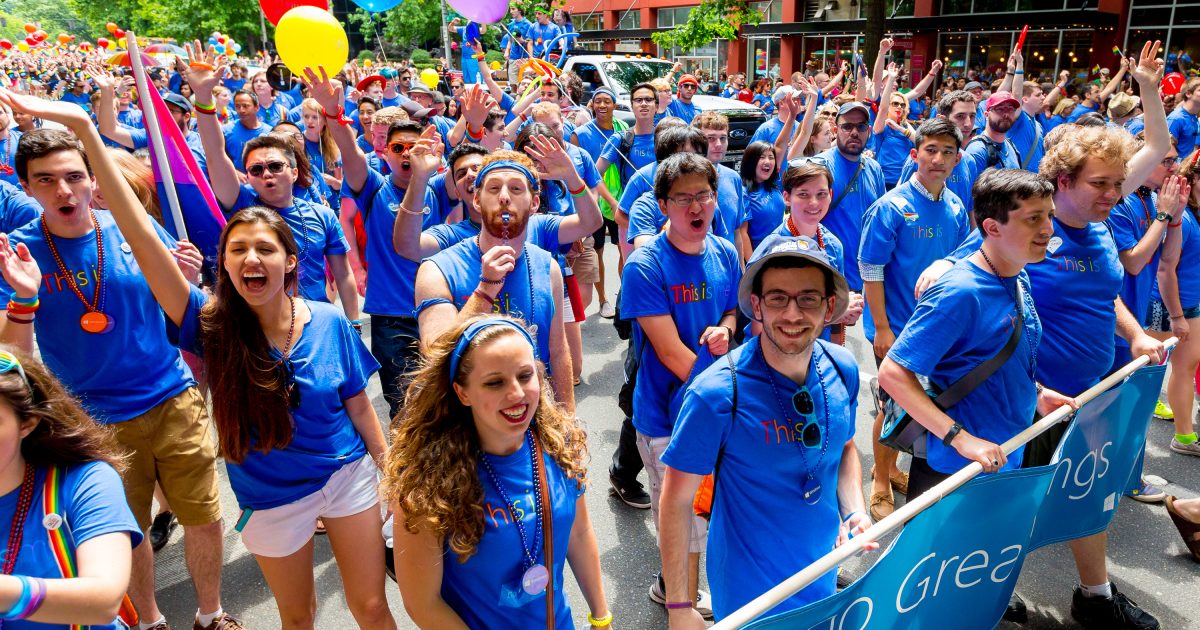 Microsoft employees, partners, family and friends march in Seattle's 41st annual Pride Parade on Sunday.