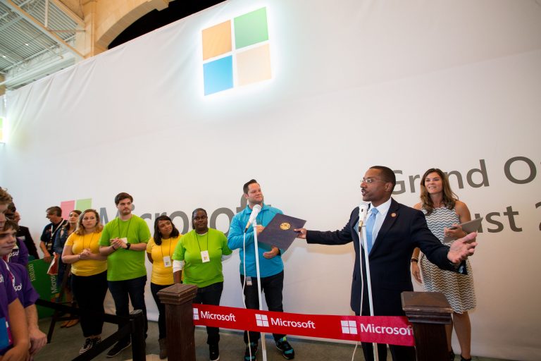 Kevin L. Boyce, state representative, spoke to an excited crowd gathered for the opening of Microsoft’s 112th store in Easton Town Center in Columbus, Ohio, on Aug. 20, 2015.