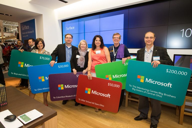 Local community organizations accepted nearly $1 million in technology grants from Microsoft at Easton Town Center, during the grand opening ceremony in Columbus, Ohio, on Aug. 20, 2015.