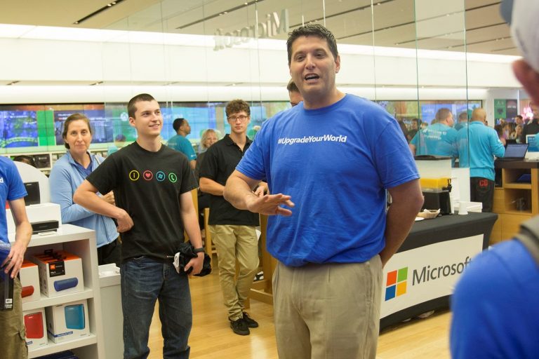 Terry Myerson, executive vice president, Windows and Devices Group, joins Windows 10 fans at the Microsoft store in Seattle