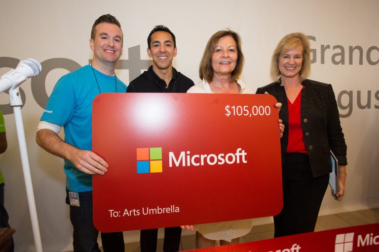Local community organizations accepted more than $1 million in technology grants from Microsoft at Pacific Centre, during the grand opening ceremony in Vancouver, British Columbia, on Aug. 6, 2015.