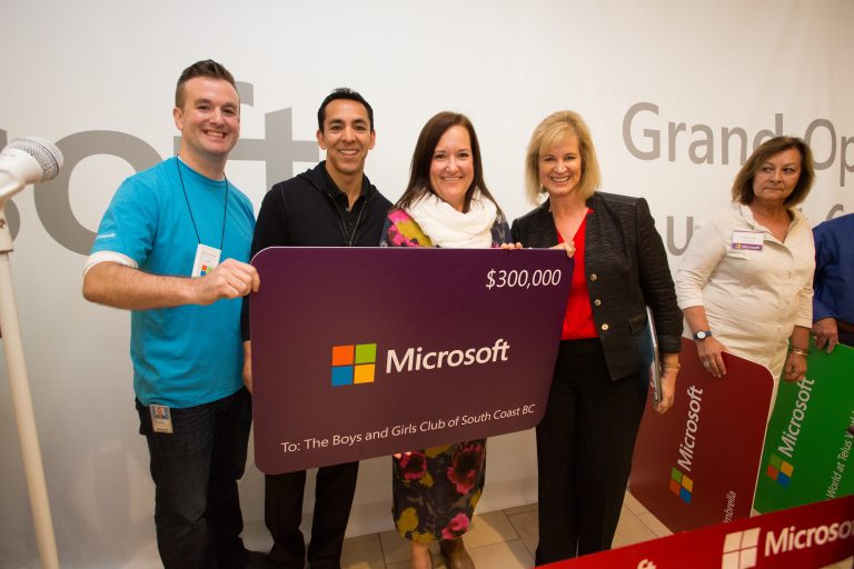 Local community organizations accepted more than $1 million in technology grants from Microsoft at Pacific Centre, during the grand opening ceremony in Vancouver, British Columbia, on Aug. 6, 2015.