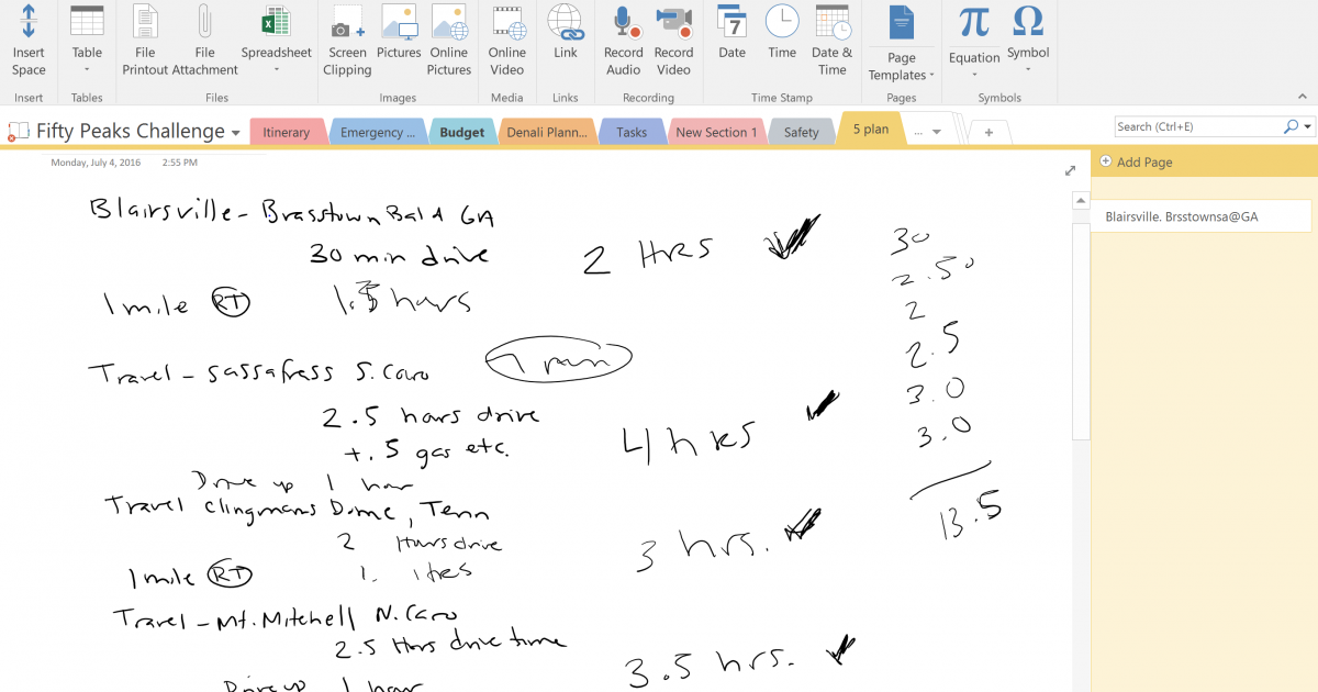 OneNote - Blairsville GA inking notes - handwritten time calculations on Team Arnot's OneNote via the Surface