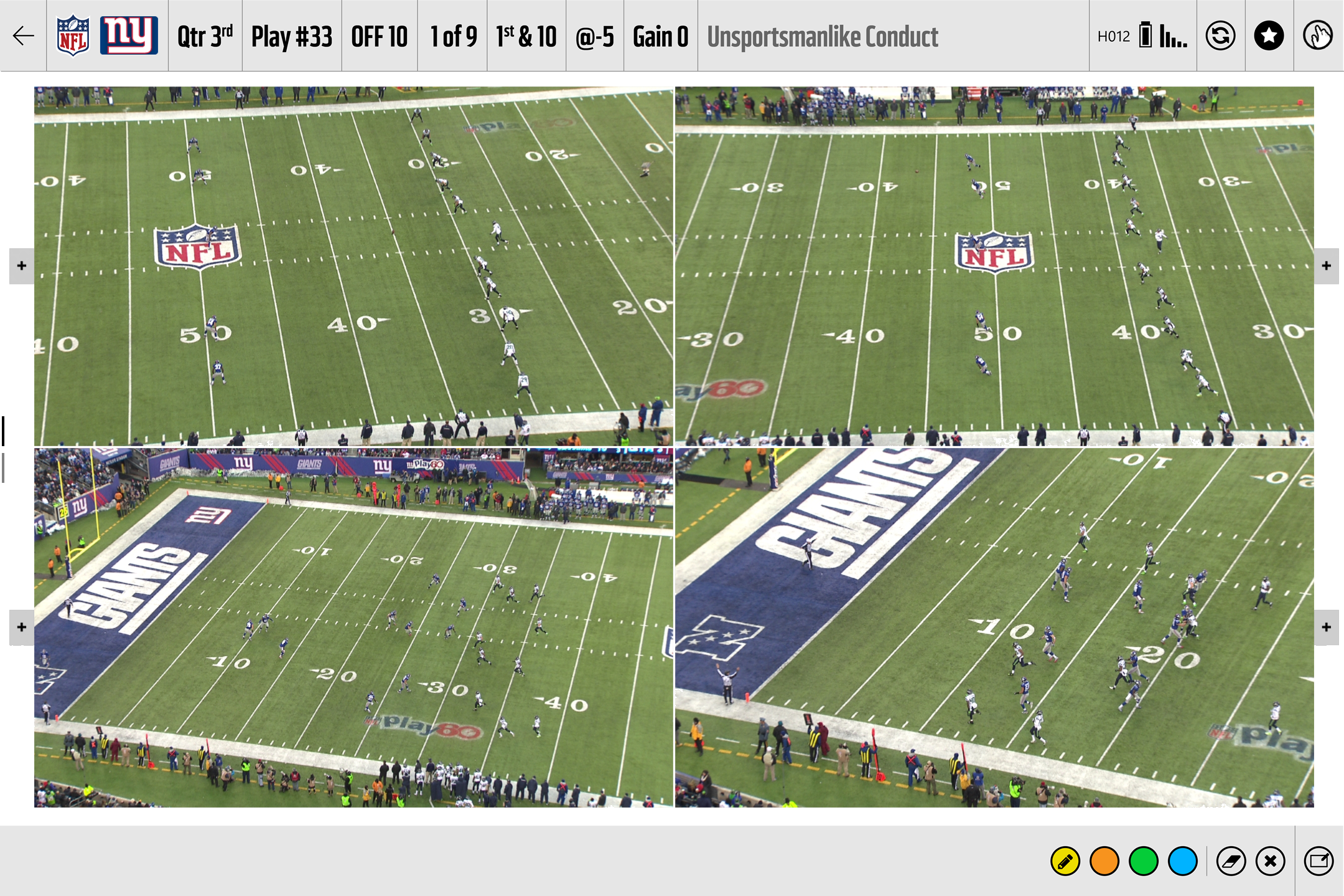 Four split screen showing plays on a football field