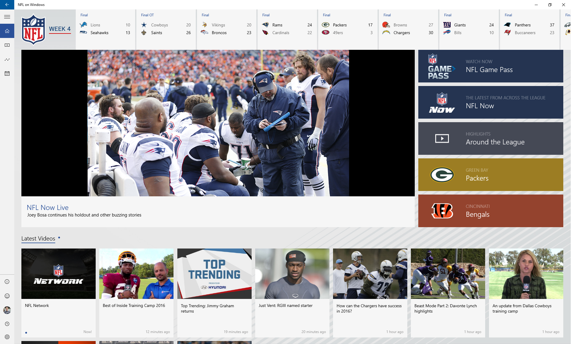 Large image of coach showing Surface to players on a sideline above several small tiles of photos representing different apps