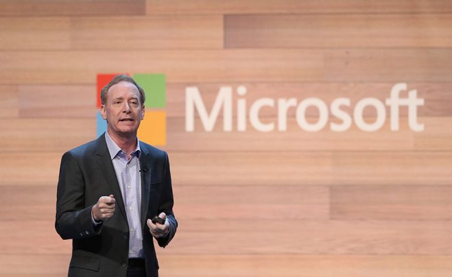 Photo of Microsoft President Brad Smith, speaking to 2000 business leaders, developers and entrepreneurs in Dublin, Ireland, on Oct. 3, 2016
