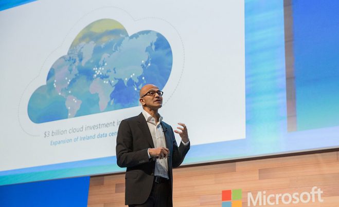 Photo of Microsoft CEO Satya Nadella, speaking to 2000 business leaders, developers and entrepreneurs in Dublin, Ireland, on Oct. 3, 2016