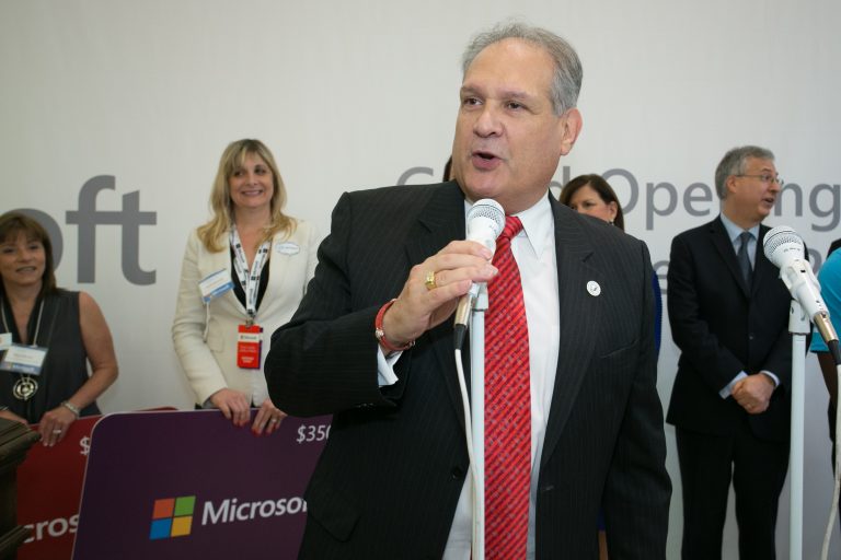 Robert Weinroth, Boca Raton City Councilman, spoke to an excited crowd gathered for the opening of Microsoft at Town Center at Boca Raton in Boca Raton, Fl., on Nov. 3, 2016.