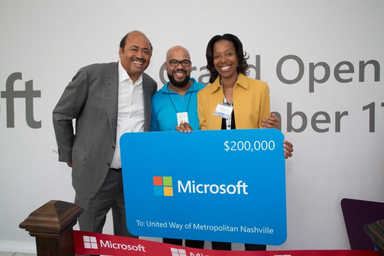 Local community organizations accepted more than $1 million in technology grants from Microsoft Store at The Mall at Green Hills during the grand opening ceremony in Nashville, Tenn., on Nov. 17, 2016.