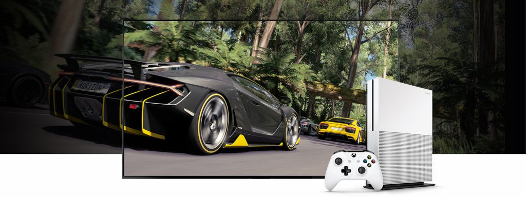 Xbox One S showing Forza Horizon 3 on a 4K TV