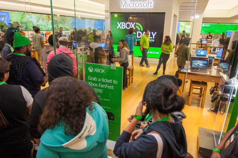 Fans celebrate E3 at the Microsoft Store at Westfield Century City in Los Angeles on Saturday, June 11, 2016.
