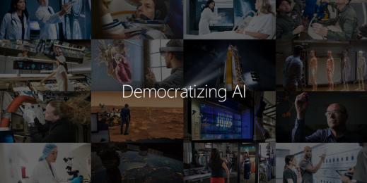 Grid of photos shows different technologies in health, science and other fields with the words "Democratizing AI"