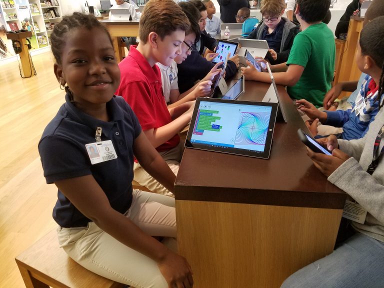 Students from Budewig Intermediate School learn how to develop app concepts with free classes and workshops offered year-round at the Microsoft Store at Houston Galleria (Houston).
