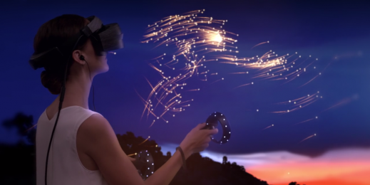 A woman creates lights in the sky with HoloLens