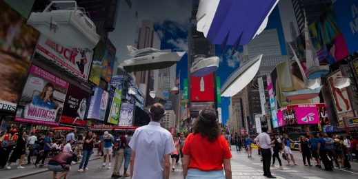 Two people wearing Microsoft HoloLens look up at Times Square to see a variety of floating boats.