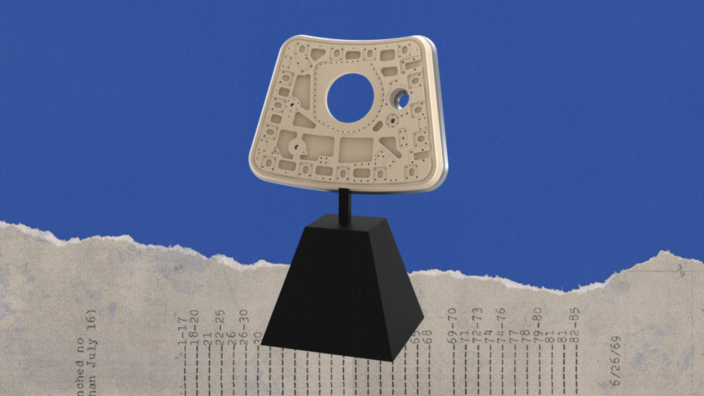 digital model of Apollo 11 hatch replica on a display stand