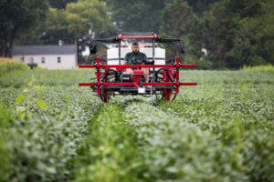 Photo of man driving a highboy tractor equipped with sensors through a soybean field at the USDA's research farm in Beltsville, Maryland.
