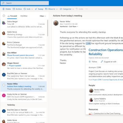 Outlook Inbox with topic card