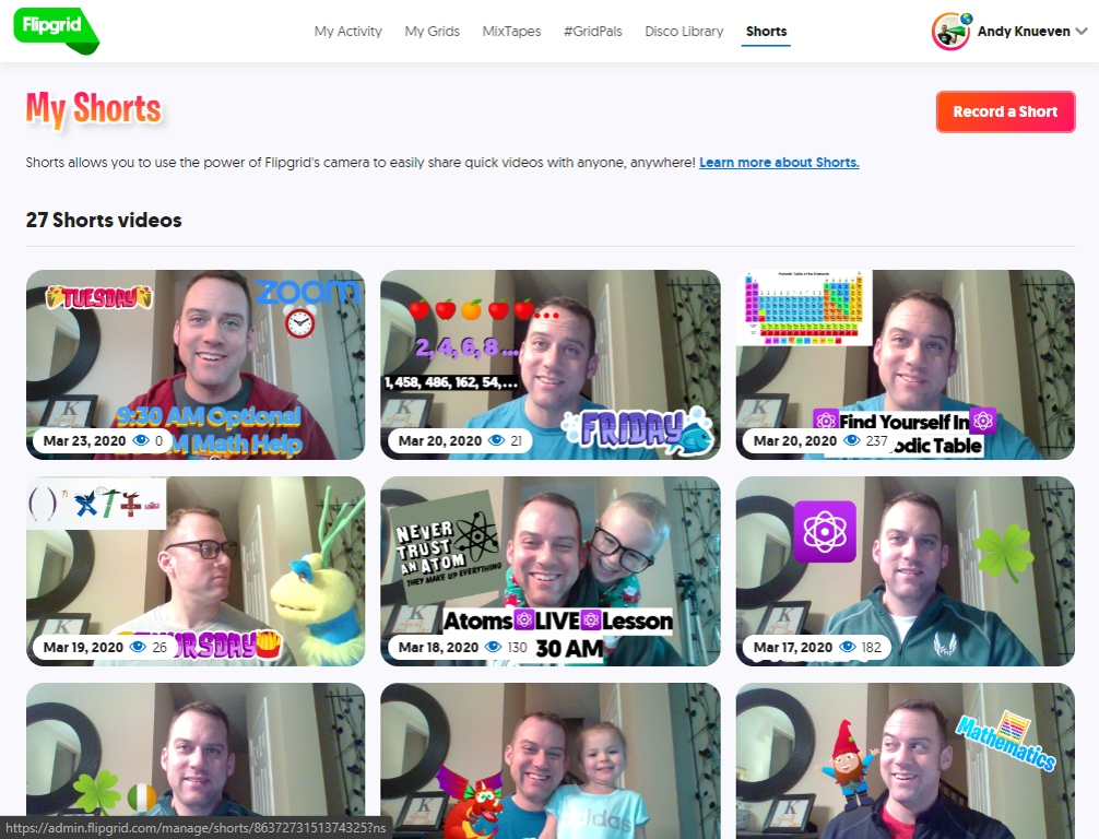 A screengrab of Flipgrid, where a smiling man's picture and various emojis and cartoon characters denote nine different video clips