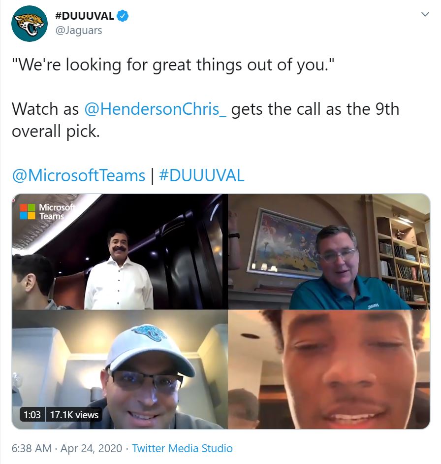 A Jaguars team tweet shows a screenshot of four people using Microsoft Teams ,three league officials and draftee Chris Henderson