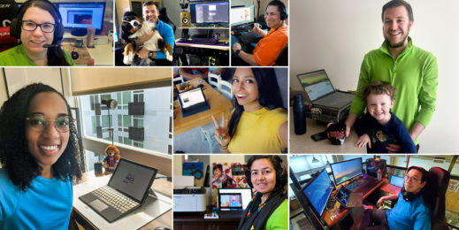 Collage of photos show Microsoft employees working on laptops from their homes