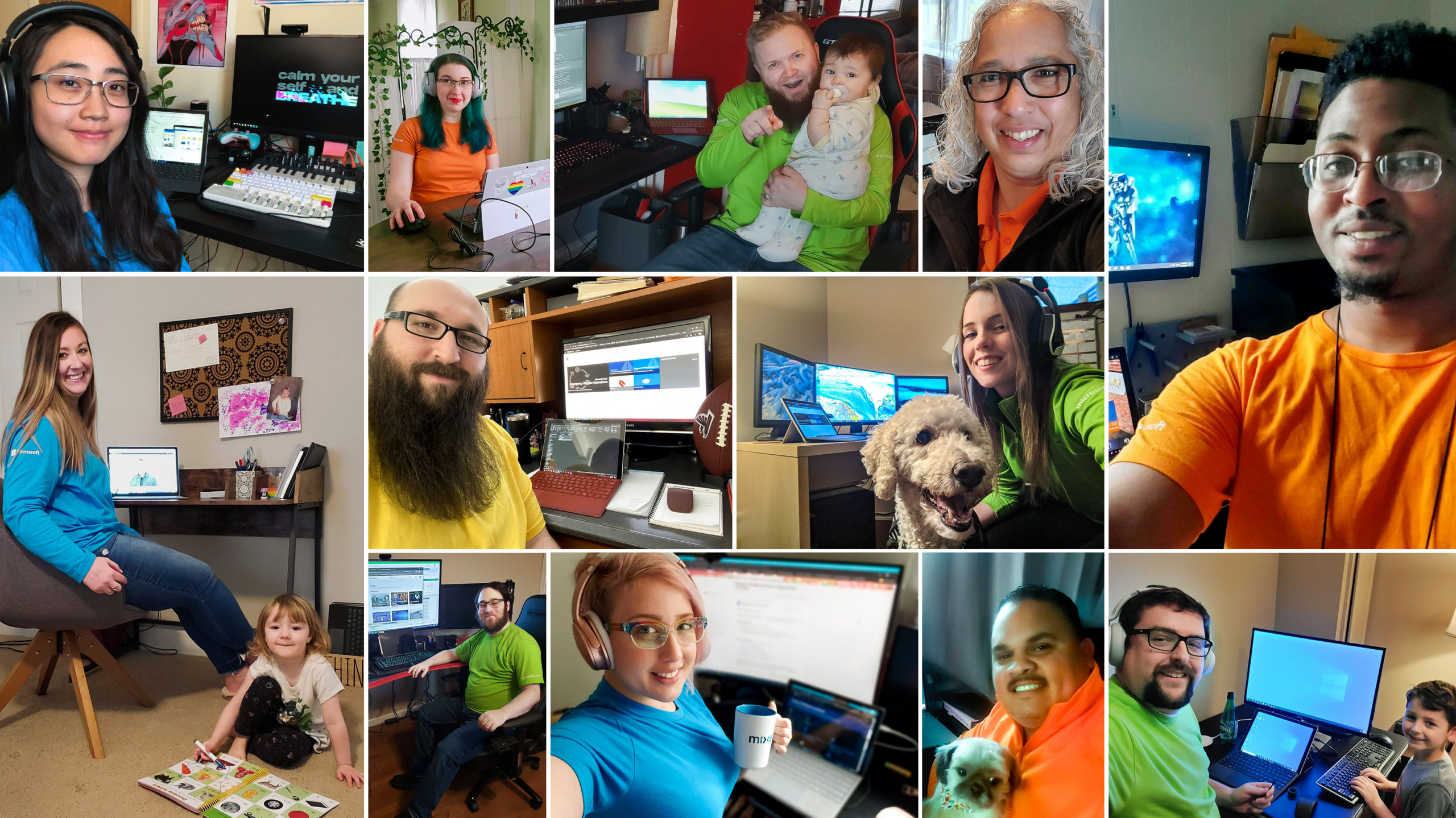Photo collage of Microsoft Store associates in brightly colored Store shirts smiling and working from home