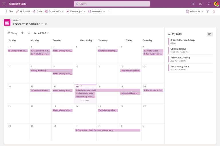 Microsoft Lists: Content scheduling template in calendar view