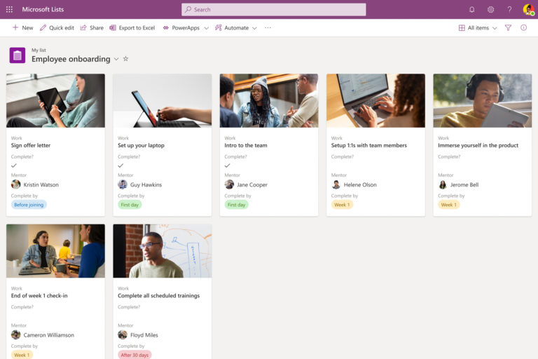 Microsoft Lists: Onboarding checklist in gallery view