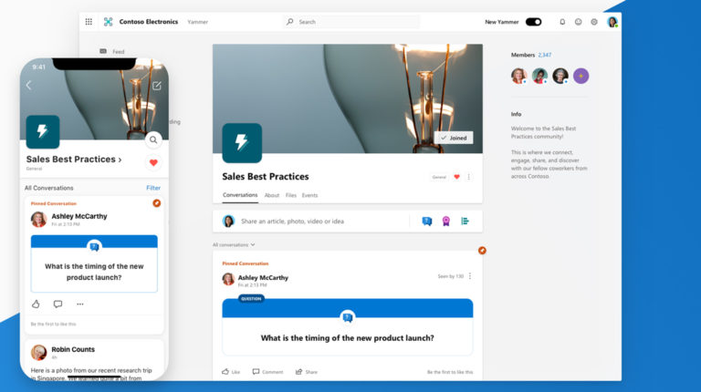 Yammer user interfaces, both mobile and desktop