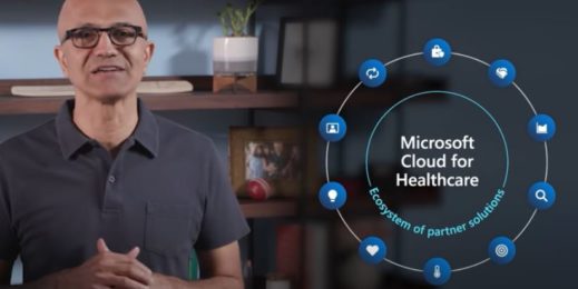 Satya Nadella next to a graphic about Microsoft Cloud for Healthcare