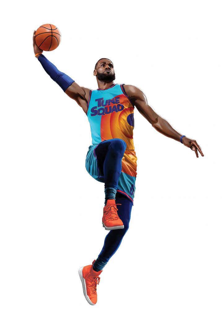 LeBron James in a basketball jersey about to dunk a basketball