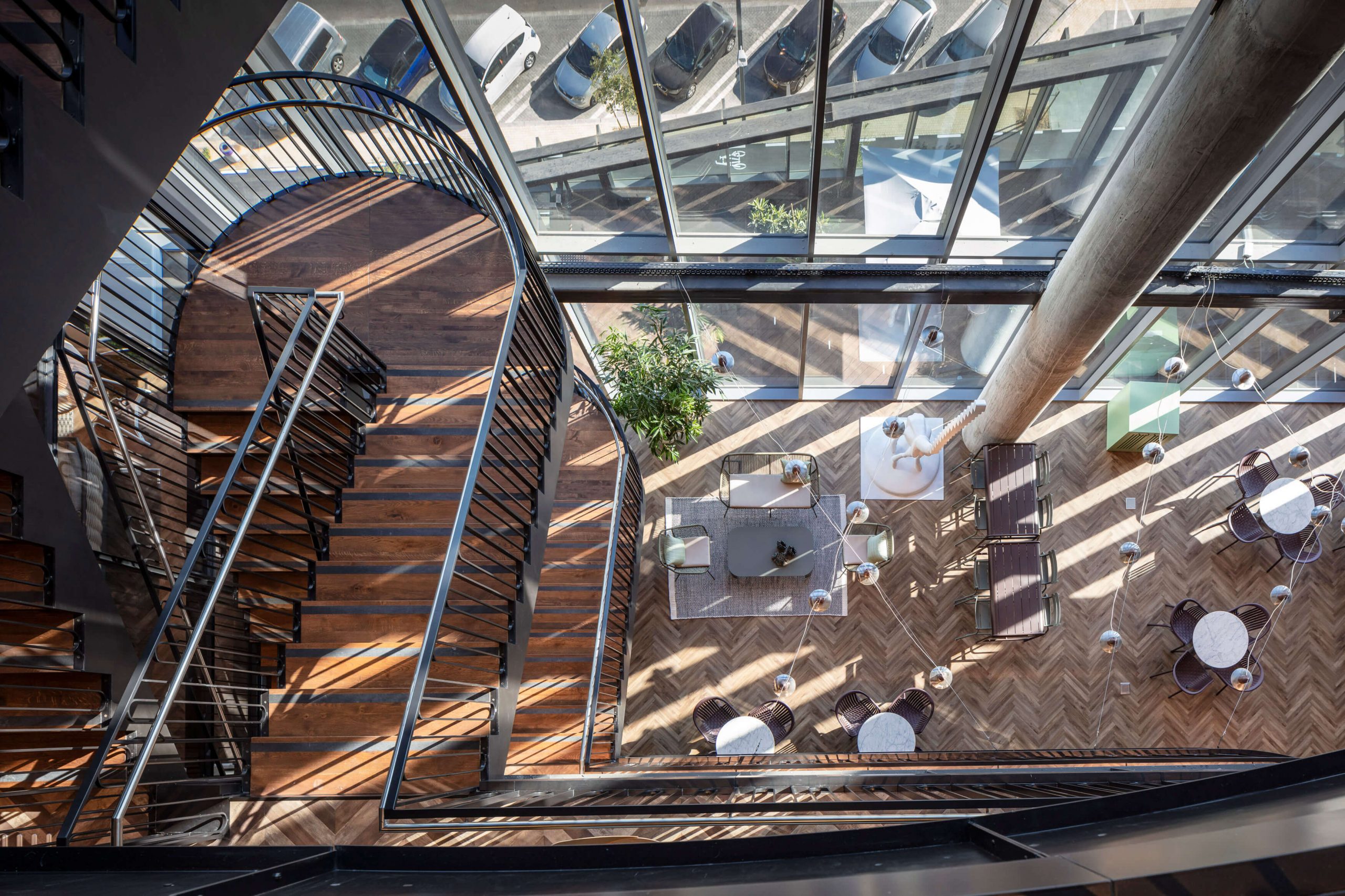Birds-eye view of Microsoft Israel common area overlooking stairs
