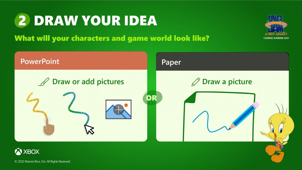 A PowerPoint slide showing examples of drawing a video game idea