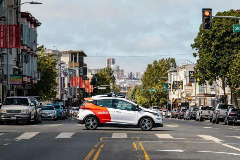 Cruise AV self-driving test vehicle on San Francisco city streets