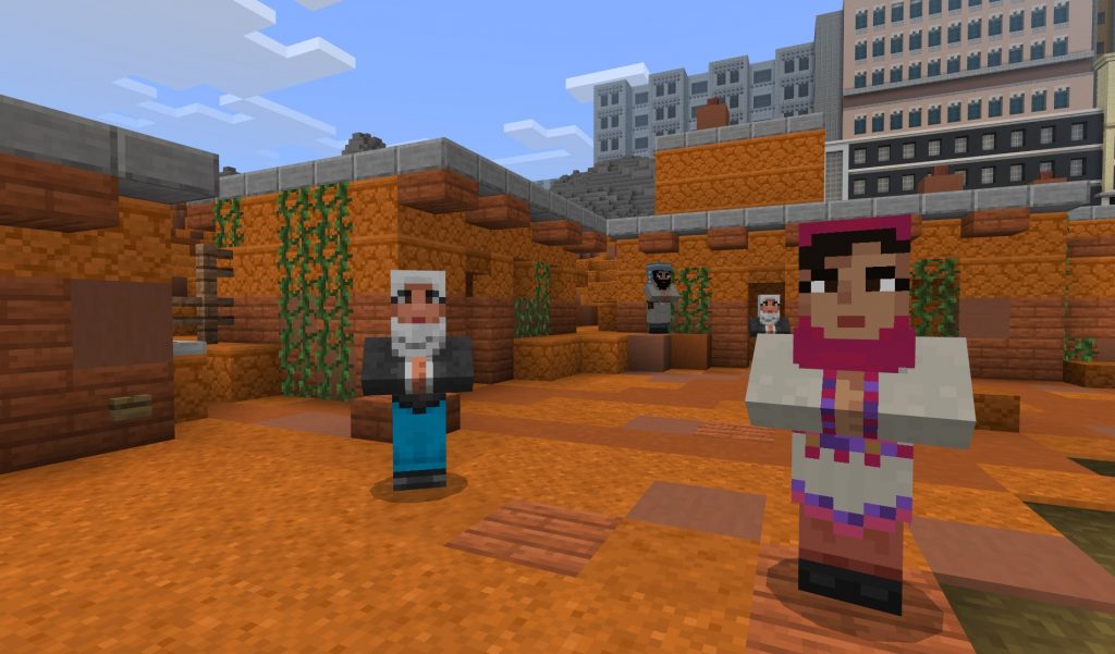 Screenshot of Minecraft Good Trouble scene with orange background