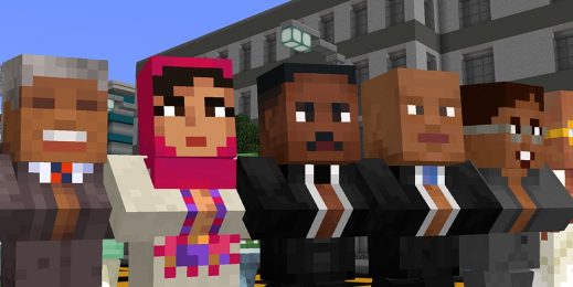Minecraft figures representing social justice leaders marching at the front of a protest
