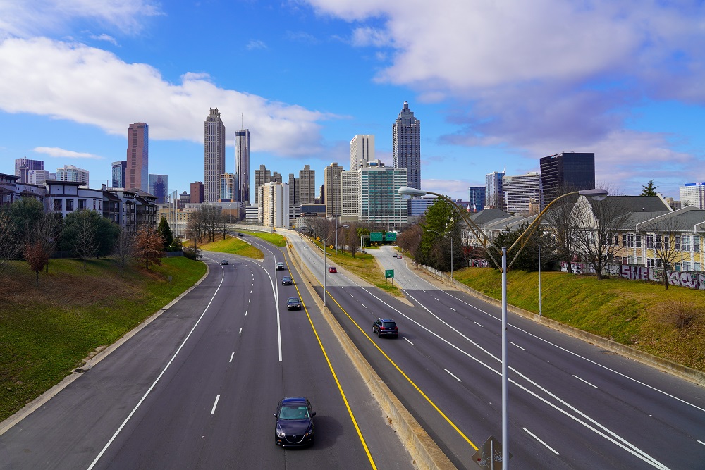 Atlanta skyline with highway and blue sky