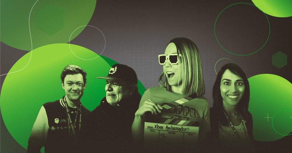 Four Xbox Ambassadors with a grey green background in bubbles