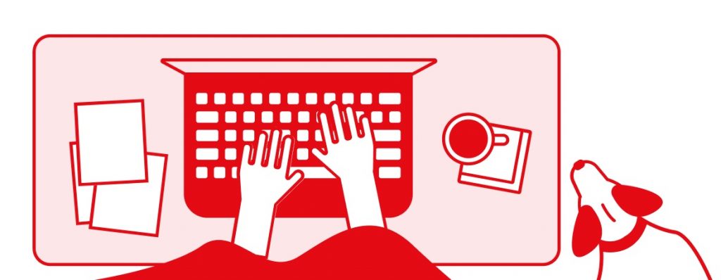 Illustration in red of someone typing on a laptop, seen from above