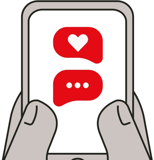 An illustration in red of text bubbles on a mobile phone held between two thumbs