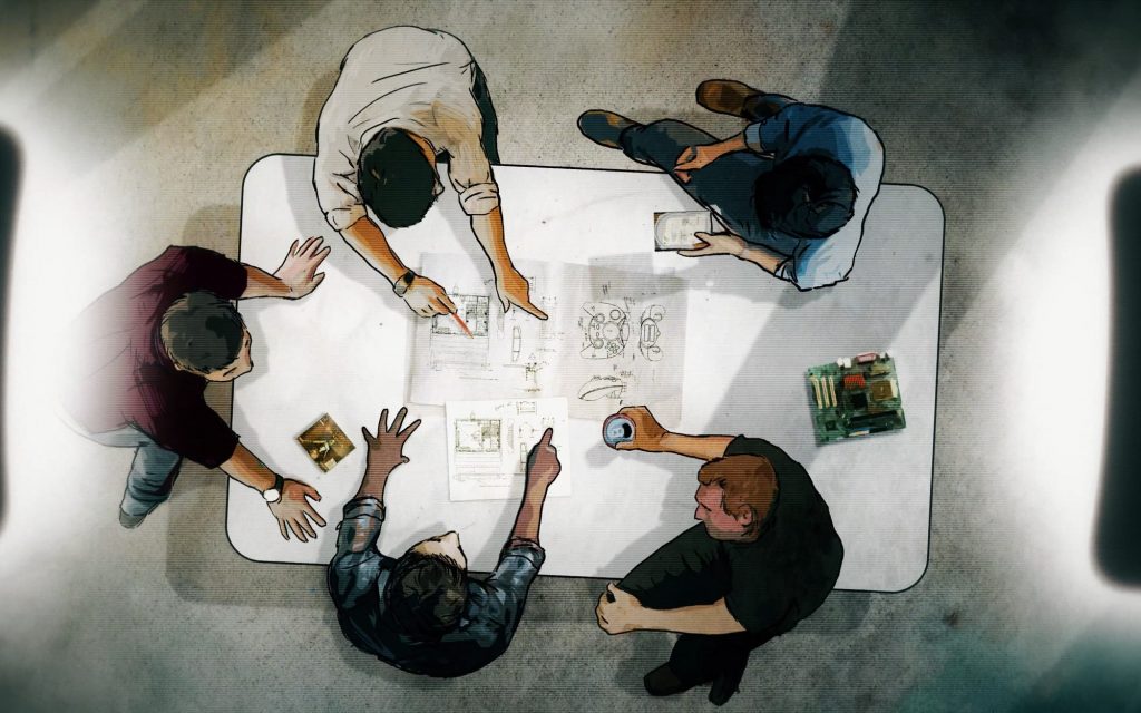 Illustration of 5 people sitting at a table, seen from above