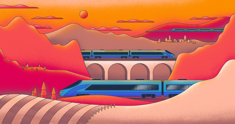 Artist rendition of three trains moving through a landscape