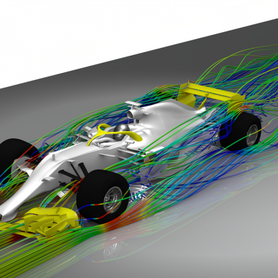 Racing car overlaid with graphics showing the car's effect on air it is passing through