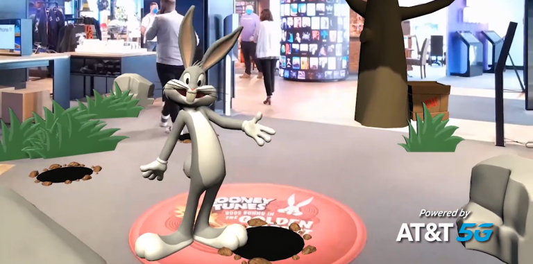 Bugs Bunny in a video store along with a logo reading Powered by AT&T 5G