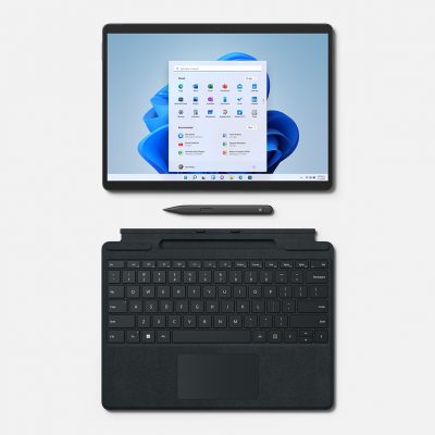 A Surface Pro 8 device, a Surface pen and a keyboard