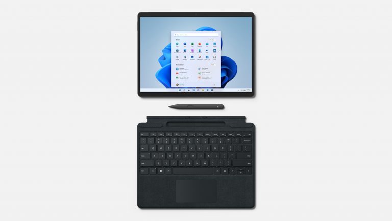 A Surface Pro 8 device, a Surface pen and a keyboard