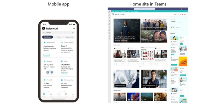 Microsoft Viva Connections app running in both Teams and on a mobile device